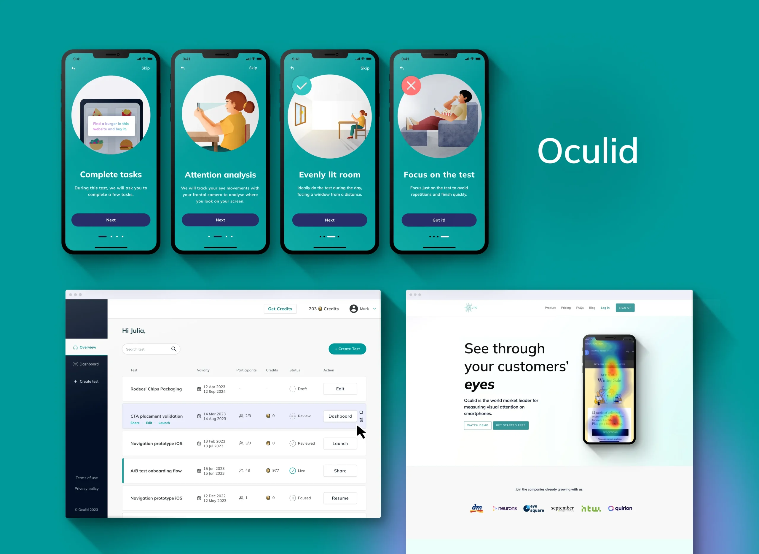 Image with Oculid products: app screens, platform screen with tests overview and marketing website's homepage.