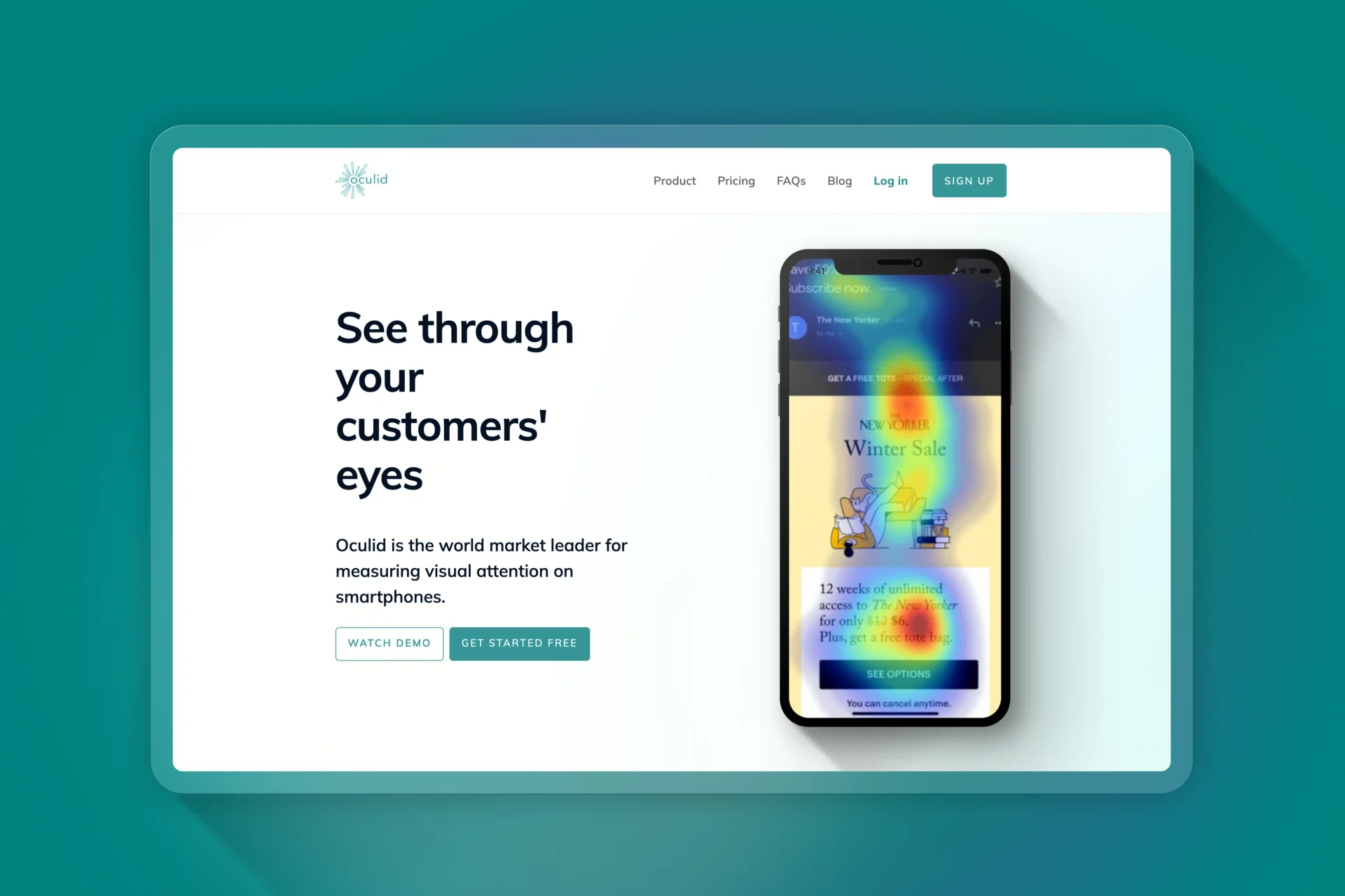 Oculid website mockup with mobile phone with eye tracking heatmaps on it
