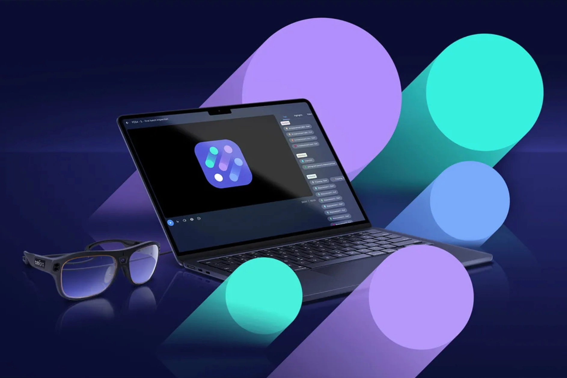 Mockup Tobii Glasses Explore with laptop with program and glasses with eye-tracking sensors